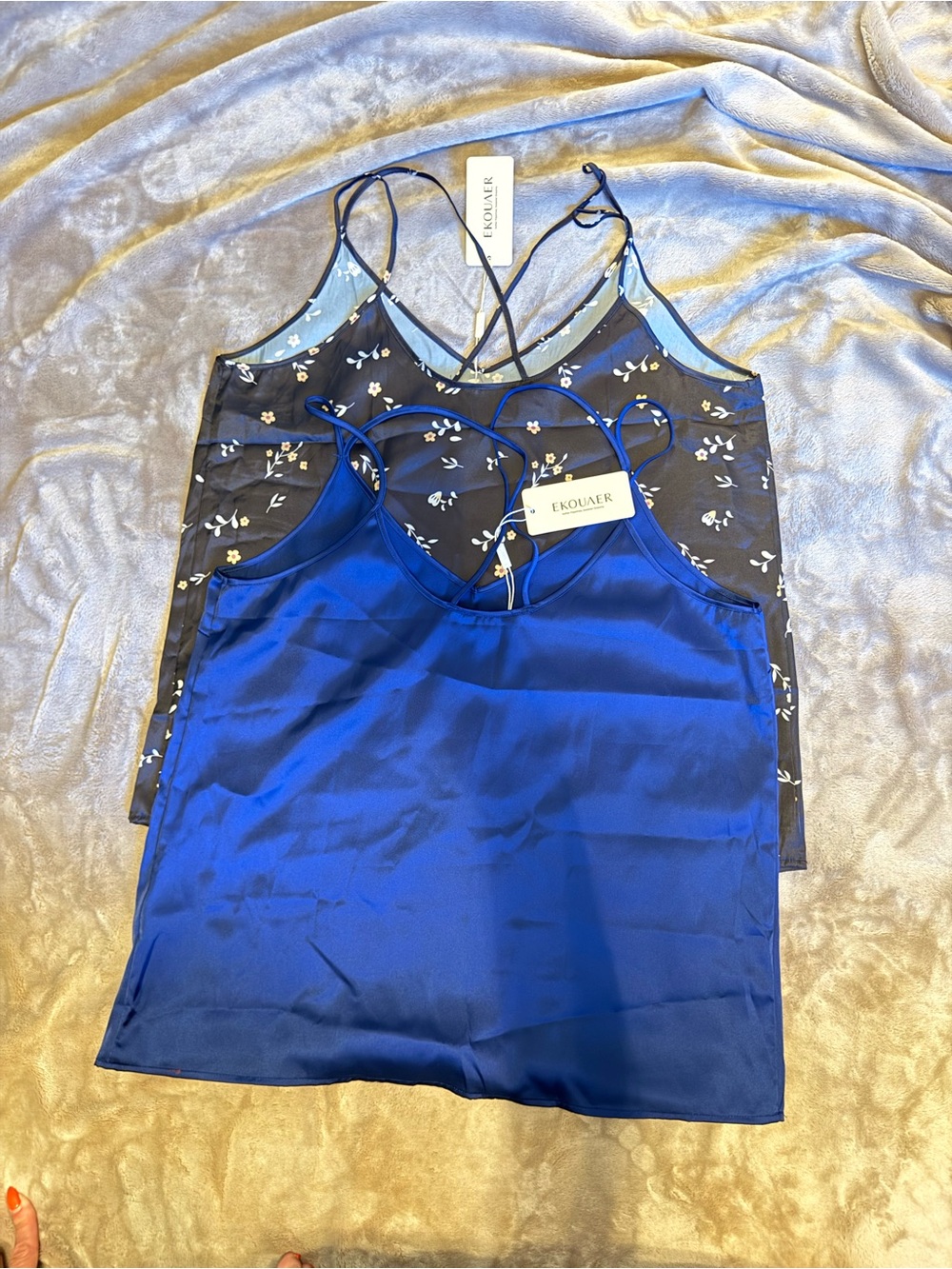 Two Satin V-Neck Camisole Tank - Royal Blue & black floral - Picture 2 of 9